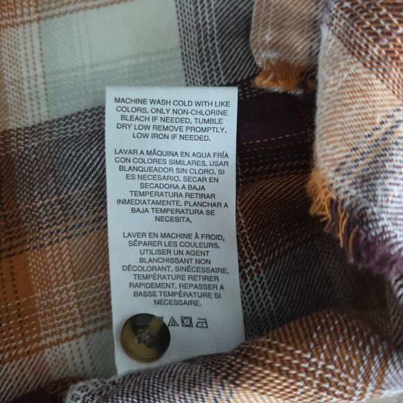 Thread & Supply Women's Sz Large Orange Burgundy Plaid Raw Hem Button Dn Flannel - Picture 5 of 6